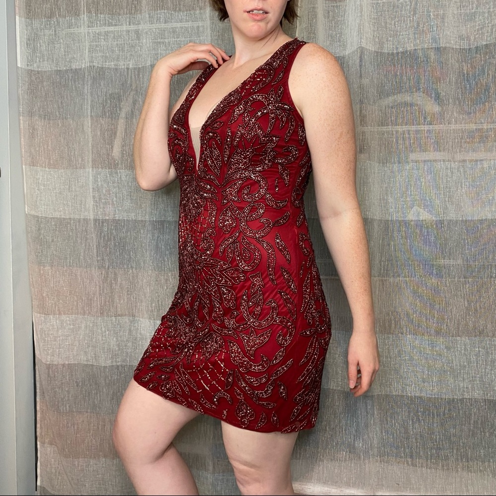 Red beaded cocktail dress, size 16.